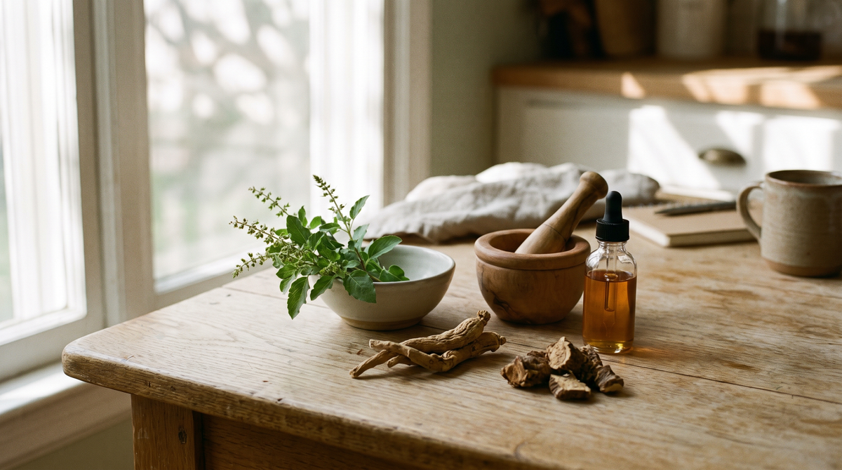 Adaptogen herbs for hormones and stress — tulsi, ashwagandha root and tincture bottle on a wood table