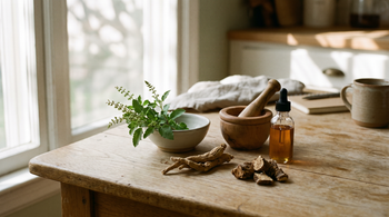 Adaptogen herbs for hormones and stress — tulsi, ashwagandha root and tincture bottle on a wood table