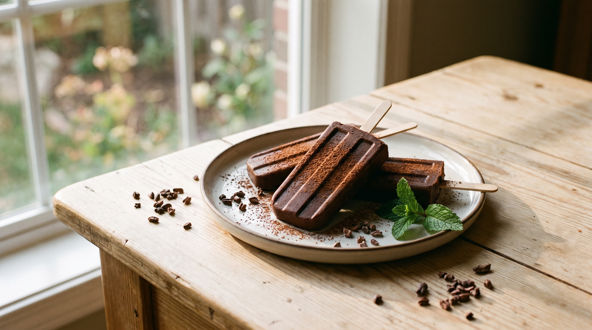 Homemade chocolate cacao fudgesicles on a ceramic plate with cacao nibs and mint