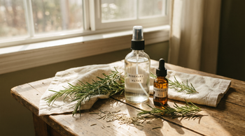 DIY rosemary water and oil with fresh rosemary and glass bottles on a wood table
