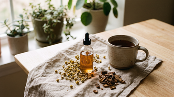 Tincture bottle, chamomile and tea for natural PMS relief