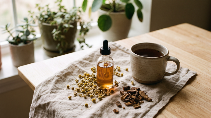 Tincture bottle, chamomile and tea for natural PMS relief