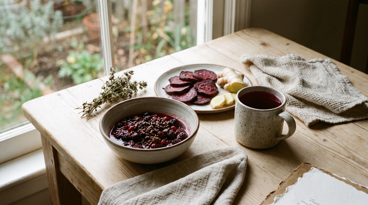 Menstrual-phase nourishing bowl with berries, beets and raspberry leaf tea