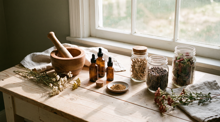 Hormone-supporting herbs, mortar and pestle and tincture bottles on a wood table