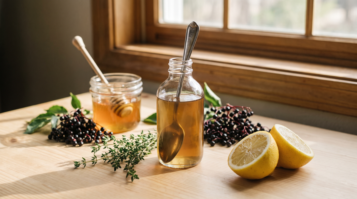 Homemade herbal cough syrup in a glass bottle with thyme, elderberries and honey
