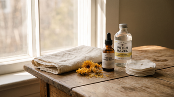 Herbal pimple tonic in an amber bottle with witch hazel and calendula